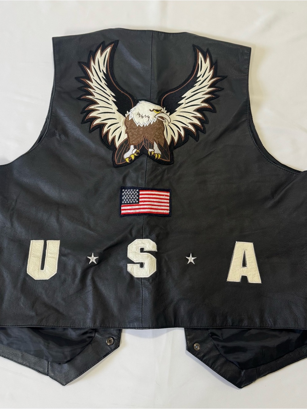 USA Eagle Flag Biker Leather Vest With Button Chains And Pins/Patches USA Made